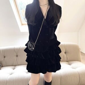 Luxe Black Velvet Tiered Ruffle Mini Skirt High Waist Back Zip Party Skirt